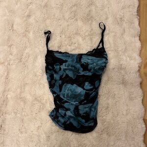 Floral Lace-Trim Blue & Black Cami Top